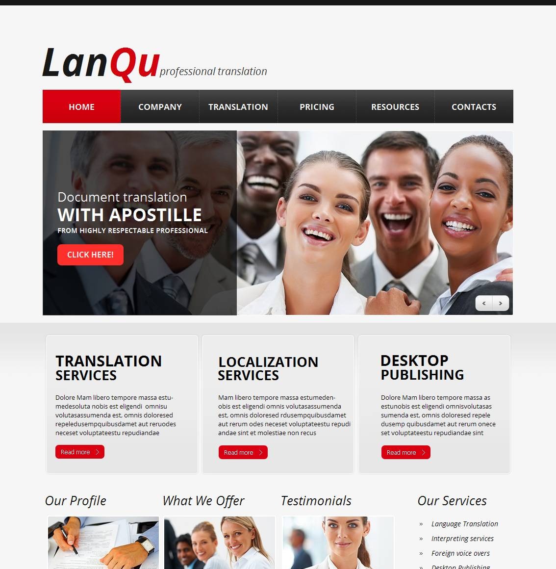 Translation Services Website Template with Large Footer MotoCMS