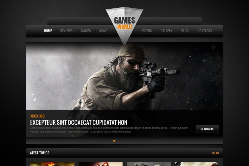 Video Games Website Template with Dark Background and Big Footer - MotoCMS